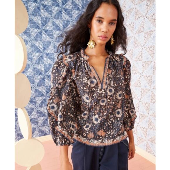 Ulla Johnson Manet Blouse Size 2 Twilight Blue Floral Long Sleeve Peasant Top - Picture 1 of 14